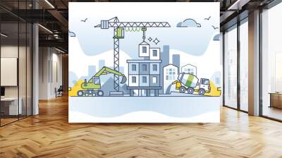 Construction site and new residential panel building house outline concept. Work with crane, concrete mixer and excavator vector illustration. Skyscraper town project development with heavy machinery. Wall mural