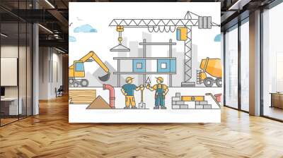 Construction work as house building site with workers scene outline concept Wall mural