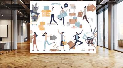 Consumer set with retail goods purchase elements in tiny person collection, transparent background.Buyer in store with full cart or basket and checkout process illustration. Wall mural