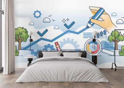 Continuous improvement and steady business development outline hands concept. Growth with effective performance and company evolution vector illustration. Successful organization data profit analysis Wall mural