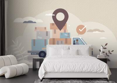 Courier services with package distribution and delivery tiny person concept. Cargo logistics company with shipment export or import vector illustration. Online order parcel transportation business. Wall mural