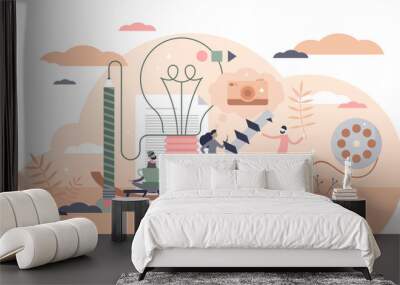 Creative work illustration, transparent background. Artistic mood flat tiny person concept. Free casual professional atmosphere in marketing, cinema, production industry. Wall mural