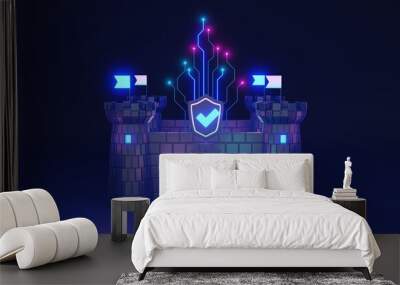 Cybersecurity and digital information protection 3D illustration concept. Save data with antivirus, firewall and safe password for encryption defense. Network safety as brick wall and file shield. Wall mural