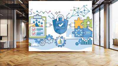 Data governance and information file safety system outline hands concept. Cyber technology for safe cloud storage and company database privacy shield vector illustration. Internet defense management. Wall mural