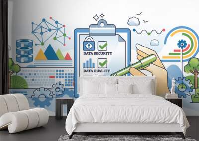 Data governance best practices for file security outline hands concept. Secured information with high data quality and compliance check to ensure safe standards for info storage vector illustration. Wall mural