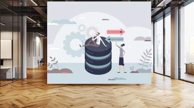 Database system development and server file organization tiny person concept. Content transfer and folders optimization for easy and effective work with data vector illustration. Server info order. Wall mural