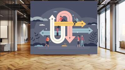 Decision path as roads with various solution options tiny person concept. Tangly and uncertain guidance with difficult and messy crossroads vector illustration. Future choices and dilemma struggle. Wall mural