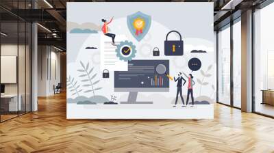 Digital security and business information protection tiny person concept. Web safety with antivirus, firewall, encryption system and safe file access vector illustration. Personal identity data lock. Wall mural