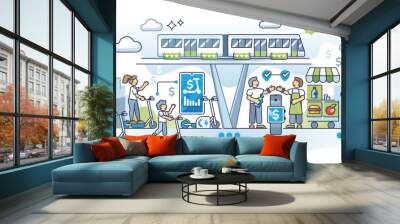 Economics and green initiatives for modern urban society outline concept. Daily city scene with sustainable public transport, effective infrastructure and smart payment method vector illustration. Wall mural