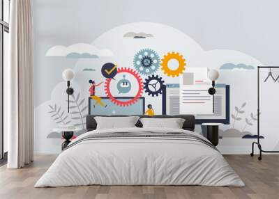 Efficient workflow and productive work with automation tiny person concept. Work flow efficiency with AI management and process control vector illustration. Dynamic project leadership organization. Wall mural