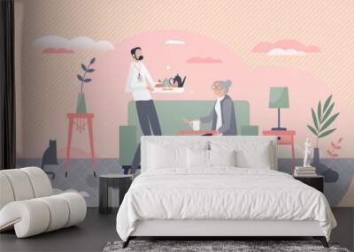 Elderly home care with social worker for senior support tiny person concept. Wall mural