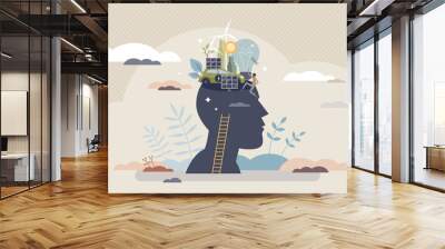 Electrification and power source change to electricity tiny person concept. Environment friendly and renewable energy with wind turbine and solar panels vector illustration. Technology development. Wall mural