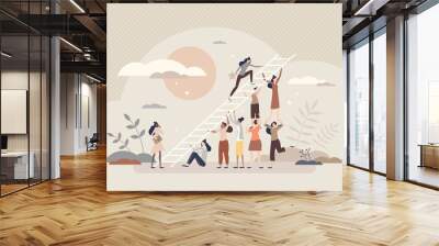 Encouragement for female career and woman motivation tiny person concept. Crowd appreciation and cheering with work support and collaboration vector illustration. Feminism bonus as confidence boost. Wall mural