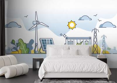 Energy storage system as charging station with batteries outline concept. Power accumulation with sustainable and environmental friendly electricity source vector illustration. Alternative resources. Wall mural