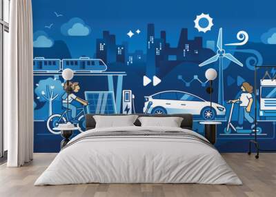 Environment friendly electric transport with renewable power source outline concept. EV car usage as sustainable and nature friendly fuel alternative vector illustration. Ecological urban lifestyle. Wall mural