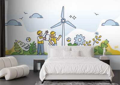 Environmental engineering and work with alternative energy outline concept. Wind turbine maintenance and set up occupation as sustainable and green electricity development job vector illustration. Wall mural