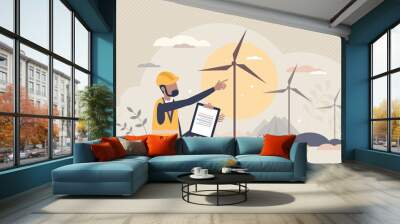 Environmental engineering as work with alternative energy tiny person concept. Wind turbine maintenance and set up occupation as sustainable and green electricity development job vector illustration. Wall mural