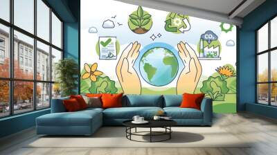 Environmental policy and nature protection principles outline hands concept. Business standards with sustainable agreements, green material usage for manufacturing and recycling vector illustration. Wall mural