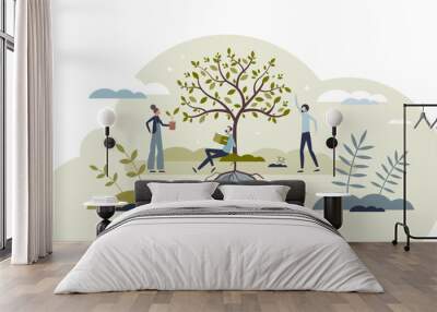 Environmental wellness and sustainable, green practices tiny person concept, transparent background. Society responsibility for nature protection and harmony from ecological lifestyle illustration. Wall mural