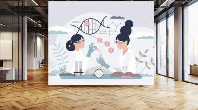 Epigenetics research and study of DNA gene expression tiny person concept. Work scene with phenotype changes experiment in microbiology lab vector illustration. Genetic sequence science and knowledge. Wall mural