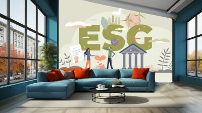 ESG environmental social governance as green company development strategy tiny person concept. Ecological resource consumption and renewable energy usage for responsible business vector illustration. Wall mural