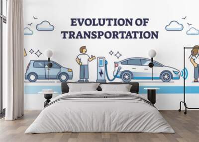 Evolution of transportation and past, present and future cars outline diagram. Labeled educational scheme with technological progress axis vector illustration. Horse carriage and futuristic vehicles. Wall mural