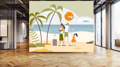 Family on vacation and parents with children at tropical beach tiny person concept. Holiday activity to spend quality time together vector illustration. Travel to summer exotic destinations with kids. Wall mural