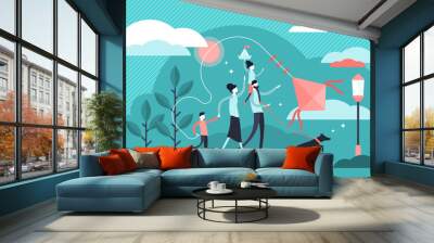 Family vector illustration. Flat tiny traditional happy household with pet. Wall mural