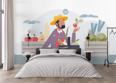 Farmers market scene with local food or grocery supplier tiny person concept, transparent background. Ecological, fresh and natural vegetables, fruits and products from kiosk illustration. Wall mural