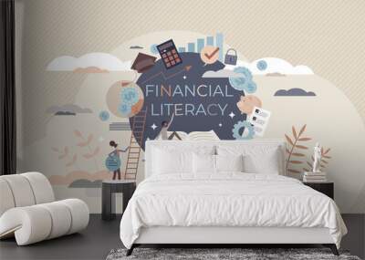 Financial literacy and education with learning from books tiny person concept. Economic knowledge and personal skills development with reading courses vector illustration. Money planning and control. Wall mural