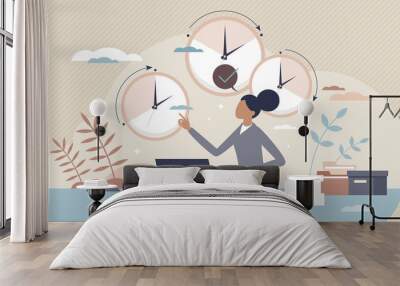 Flexible work with adjustable scheduled working hours tiny person concept. Time management based on personal choice to be effective and productive vector illustration. Business tasks optimization. Wall mural