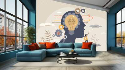 Forward thinking or leader solution for development ahead tiny person concept. Progress direction with innovative future vision vector illustration. Business ambitions and confident skill experience. Wall mural