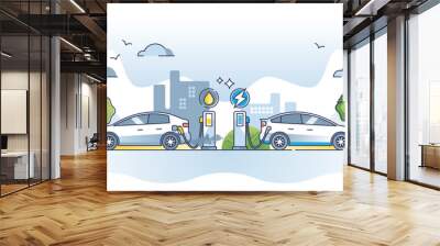 Gasoline vs electric car with different energy sources usage outline concept. Fossil fuel and oil versus battery charged automobile as ecological choice for environmental future vector illustration. Wall mural