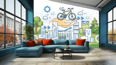 Green commute and nature friendly transportation outline hands concept. Sustainable mobility solutions for carbon free urban area or residential city vector illustration. Air quality improvement. Wall mural