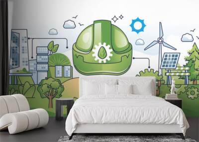 Green jobs and nature friendly industry development outline hands concept. Sustainable and environmental occupation in renewable energy sector vector illustration. Work with clean power generation. Wall mural