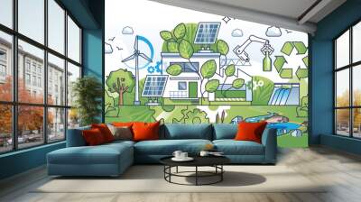 Green manufacturing and clean energy usage for factory outline concept. Ecological production with sustainable and environmental power usage vector illustration. Clean and emission free facility. Wall mural