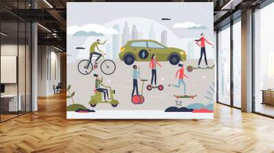 Green transportation with environmental friendly energy tiny person concept. Bicycle, scooter and electric car with sustainable and clean power vector illustration. Hybrid transport drive lifestyle. Wall mural