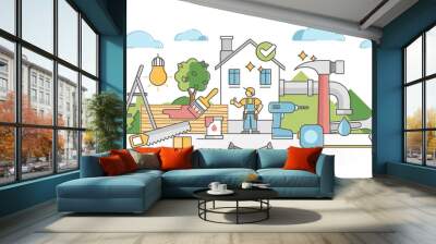 Handyman occupation with construction, repair and maintenance outline concept Wall mural