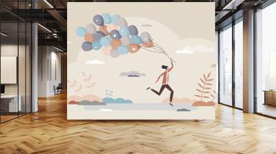 Happy life with careless feelings and joyful emotions tiny person concept. Dynamic lifestyle with fun and satisfied mental state vector illustration. Positive and full of optimism female expression. Wall mural