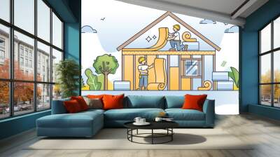 Home insulation with thermal efficiency shield rolls layer outline concept. Save energy and heating expenses with isolated house vector illustration. Environmentally friendly residential building. Wall mural