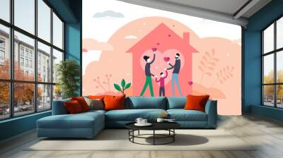 Home love illustration, transparent background. Covid-19 coronavirus stay home strategy flat tiny persons concept. Family relationship care in crisis. Wall mural