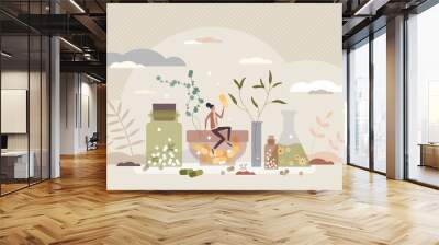 Homeopathy and herbal medicine using natural herb pills tiny person concept. Organic medication and disease cure with alternative healing vector illustration. Essential oils and plants treatment. Wall mural