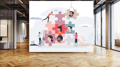 Human management and HR resources for business team tiny person concept, transparent background. Employee organization and company staff effective usage illustration. Wall mural