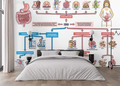 IBS or irritable bower syndrome causes and condition symptoms outline diagram. Labeled educational scheme with digestive system chronic problems vector illustration. Medical gastrointestinal disorder Wall mural