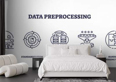 Icons representing data preprocessing steps, removing noise, standardization, combining sources, simplification, and handling missing values. Outline icons set. Wall mural