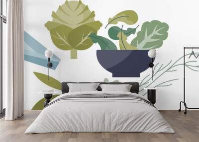 Illustration of a bowl with assorted leafy greens, symbolizing healthy eating and nutrition. Wall mural