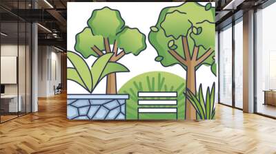 Illustration of a green park area with trees, a bench, and a stone terrace, symbolizing tranquility and nature. Wall mural