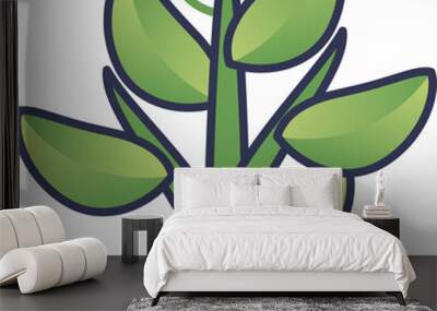 Illustration of a green plant with leaves symbolizing growth and nature. Wall mural