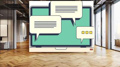 Illustration of a laptop with speech bubbles, symbolizing online discussion or forum chat. Wall mural