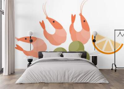 Illustration of a seafood dish with shrimp and lemon, symbolizing fresh local cuisine. Wall mural